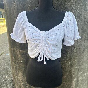 White Eyelet Peasent Crop Top Womens XL Boho Summer Beach Strechy